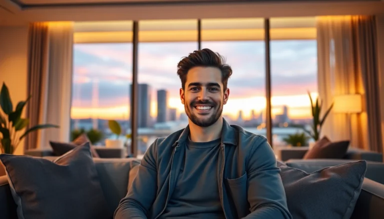 A confident man relaxing on a sofa in a stylish, warmly lit living room at dusk with city skyline in the background.