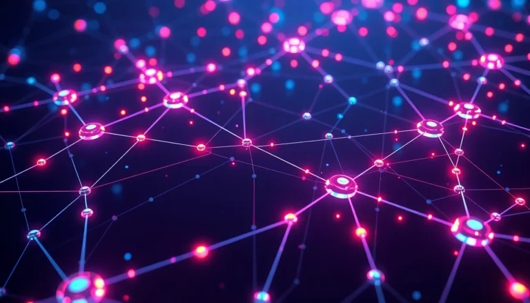 Blockchain technology visual with interconnected digital nodes illustrating security and