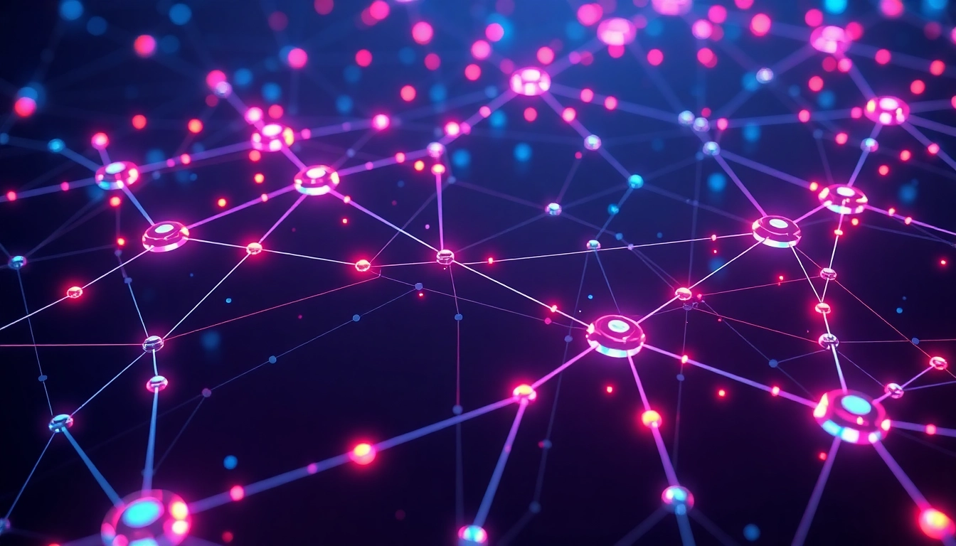 Blockchain technology visual with interconnected digital nodes illustrating security and