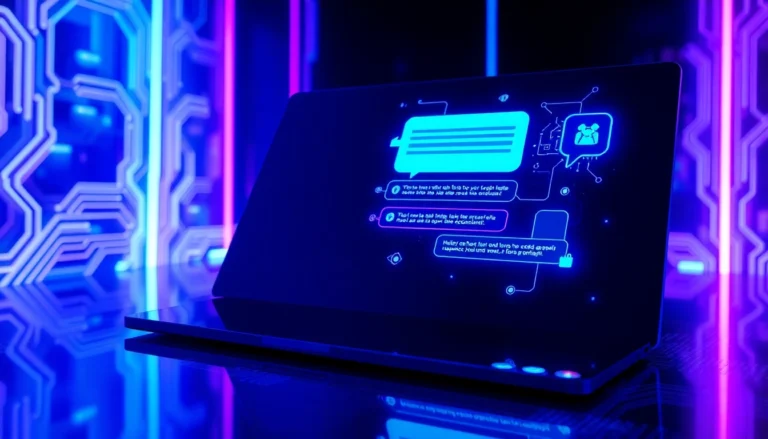 Futuristic AI chatbot interface with neon accents and holographic elements on a sleek screen
