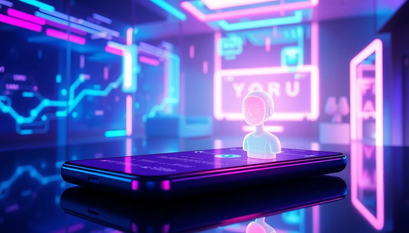 Futuristic AI chatbot interface with a glowing avatar in a cyberpunk-inspired digital environment.