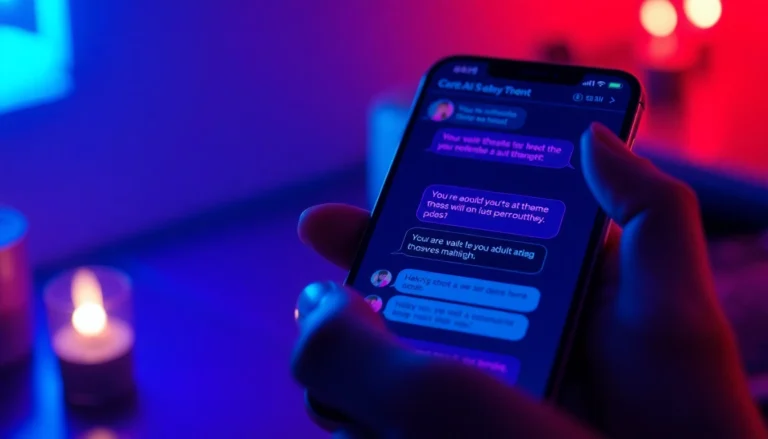 Close-up of a smartphone screen with adult-themed AI chatbot conversation in a dimly lit environment.
