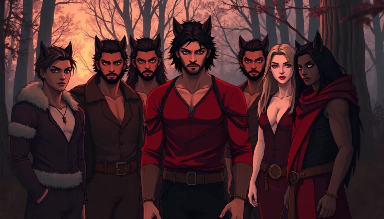 Illustration of a society inspired by the Omegaverse with diverse characters in a woodland setting, highlighting hierarchy and social dynamics.