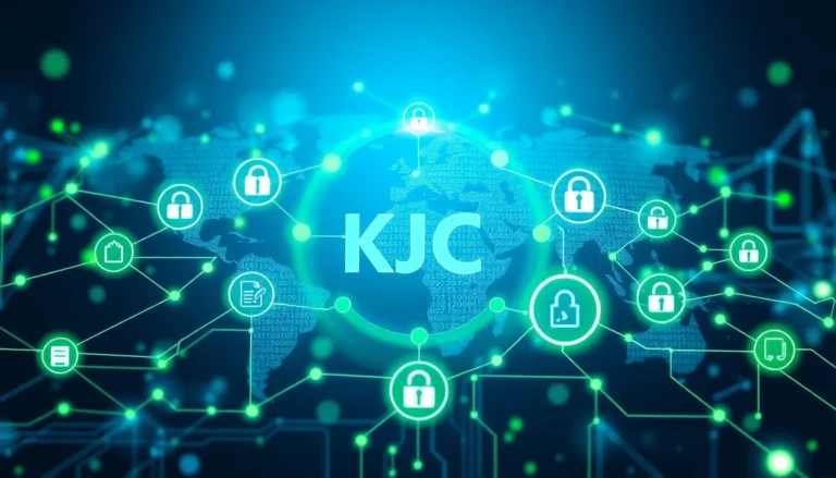 KJC logo integrated into a dynamic digital network, showcasing its global and technological presence for enhanced brand recognition.