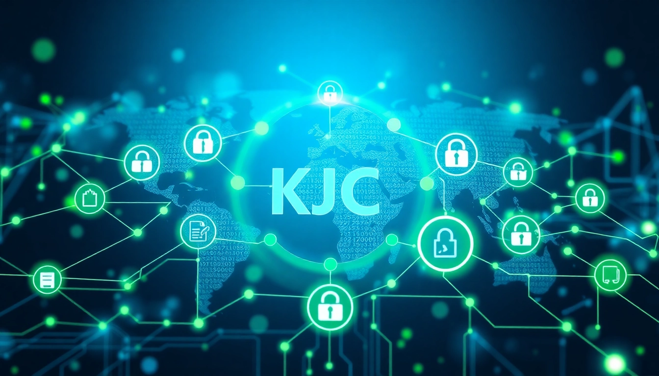 KJC logo integrated into a dynamic digital network, showcasing its global and technological presence for enhanced brand recognition.