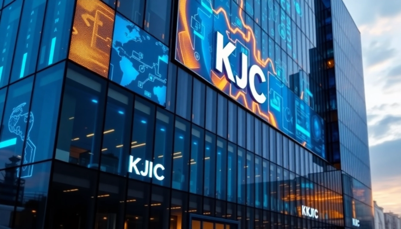 KJC logo displayed on a sleek digital billboard highlighting its global entertainment network