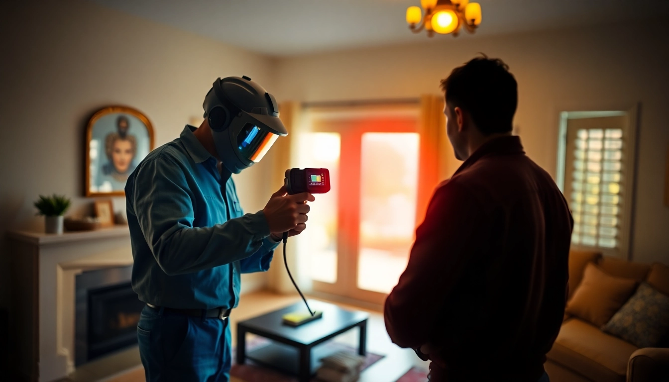 Professioneel vlooien bestrijden: technicus voert inspectie met high-tech tools in huis uit voor effectieve bestrijding.