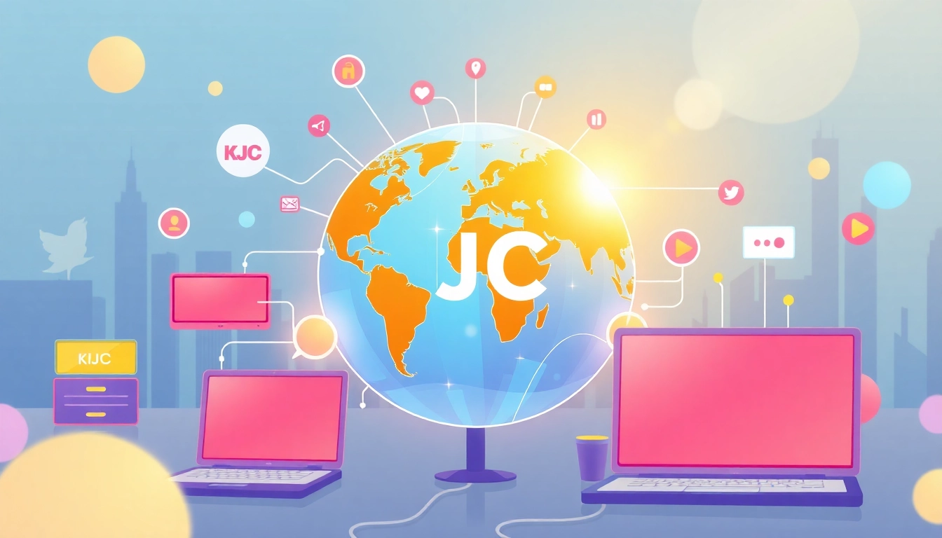 KJC's global digital ecosystem showcasing interconnected devices and a modern, professional environment to emphasize its technological leadership.