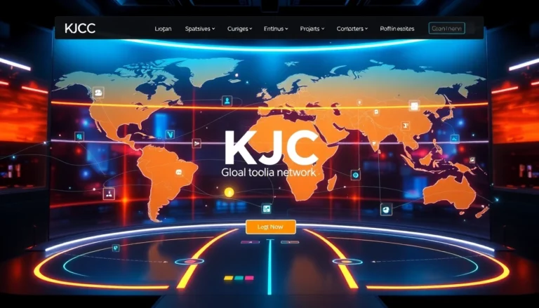 KJC branding with a sleek digital platform highlighting global media collaboration and innovative entertainment solutions to capture user attention.