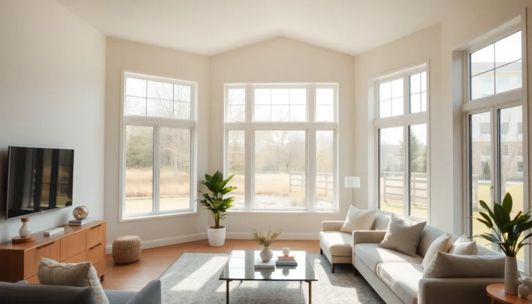 Replacement Windows upgrade in a sunlit living room with energy-efficient vinyl frames
