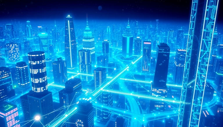 Dynamic blockchain network with digital nodes illustrating secure transactions and widespread