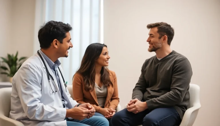 Fecondazione eterologa overview with doctor explaining options to a couple seeking fertility