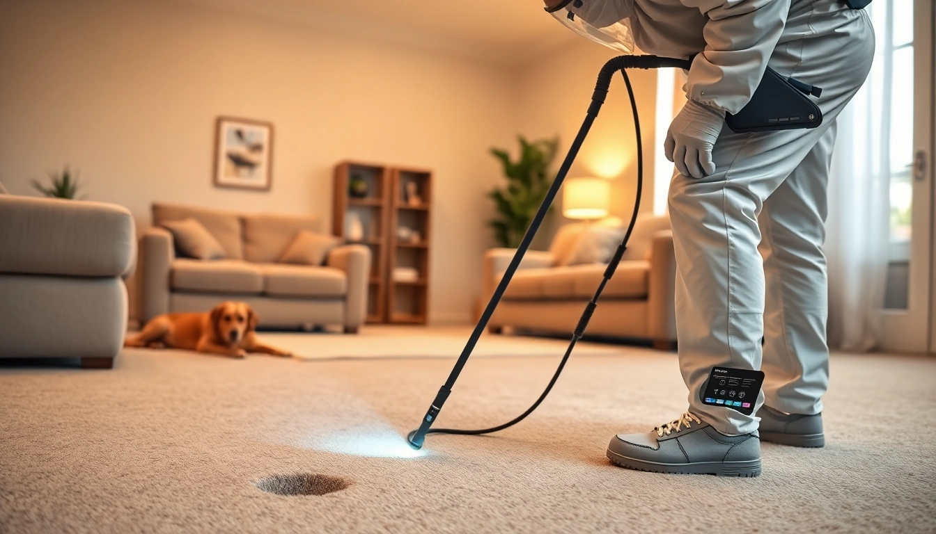 Professionele ongediertebestrijder voert vlooienbestrijding uit in een woning.