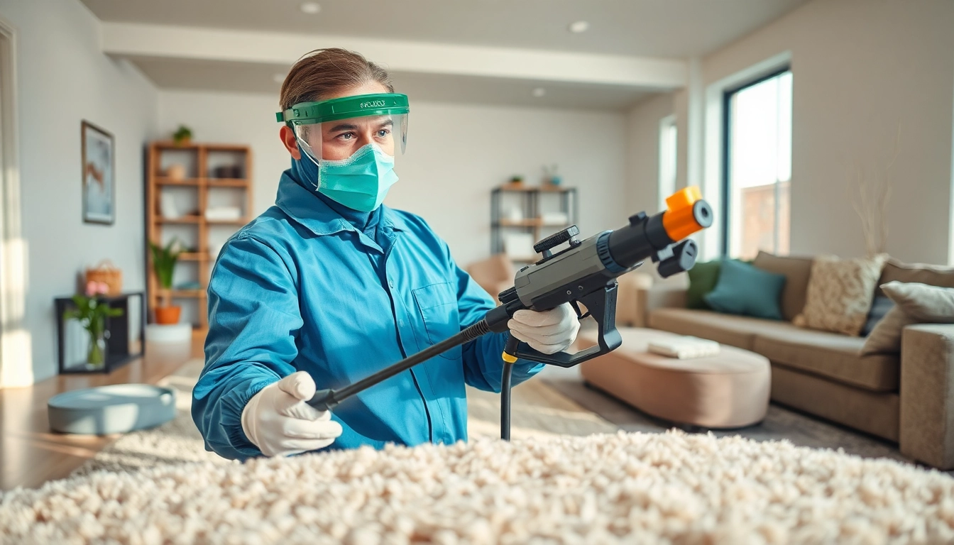 Professionele bestrijding van vlooien in huis of bedrijf door een technicus met apparatuur.