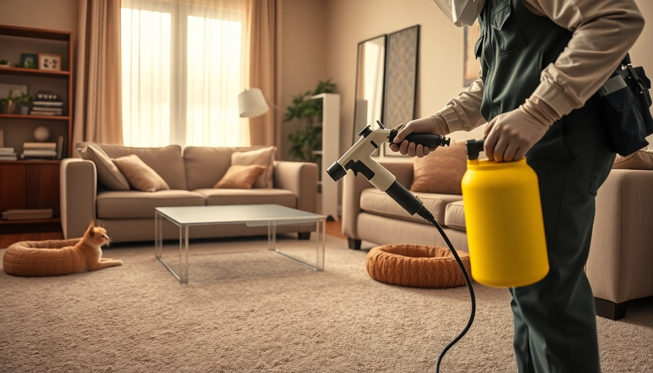 Pest control technician preparing to treat fleas in a home living room with pet