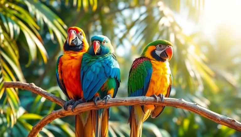 Vivid parrots perched on branches engaging with lush tropical foliage, capturing their colorful