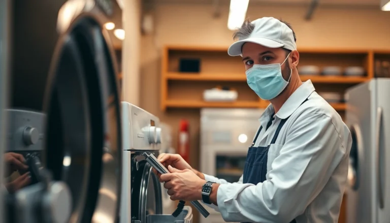 Expert appliance repair Toronto technician fixing washing machine with professional tools in a
