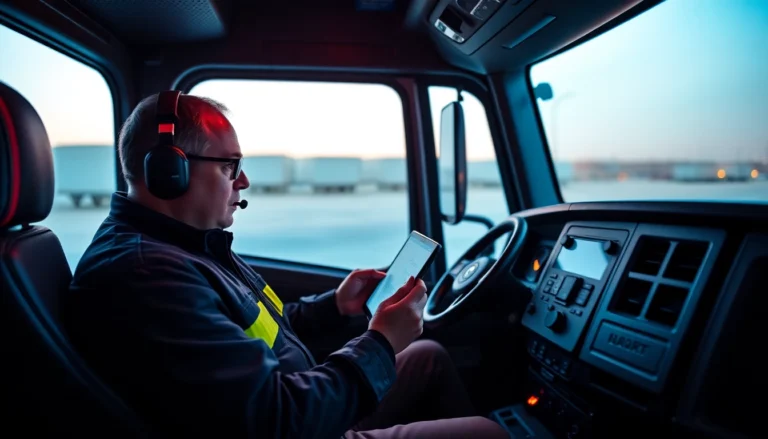 Truck driver analyzing trucker reviews on digital tablet during trip for better fleet
