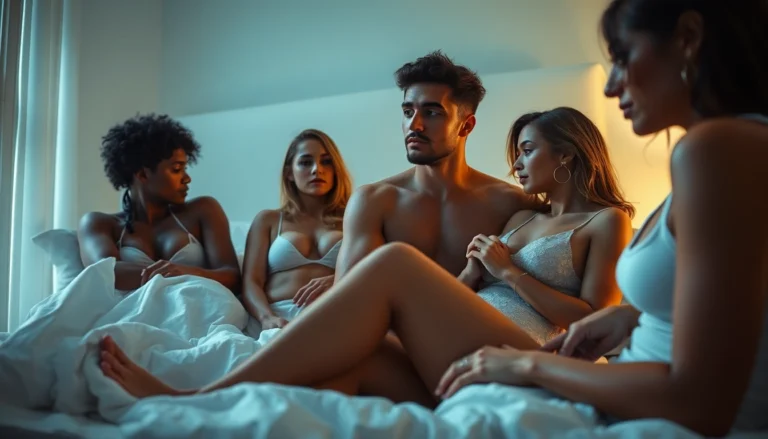 Adult scene with diverse individuals in a bedroom setting, emphasizing intimacy and connection.