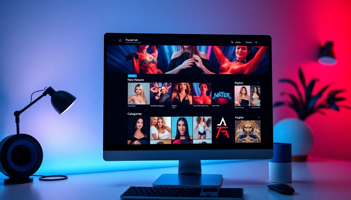 A computer screen displaying an adult website homepage with thumbnails and categories.