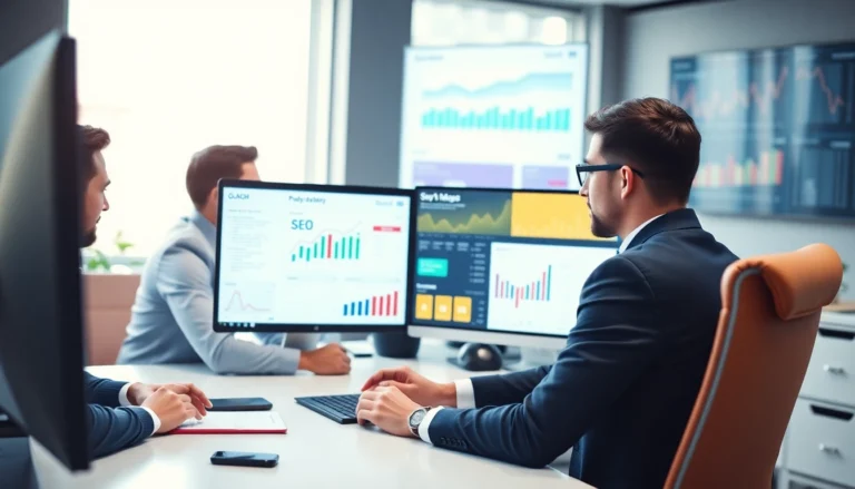 Skilled SEO experts assessing strategies to rank your website higher on Google in a high-tech
