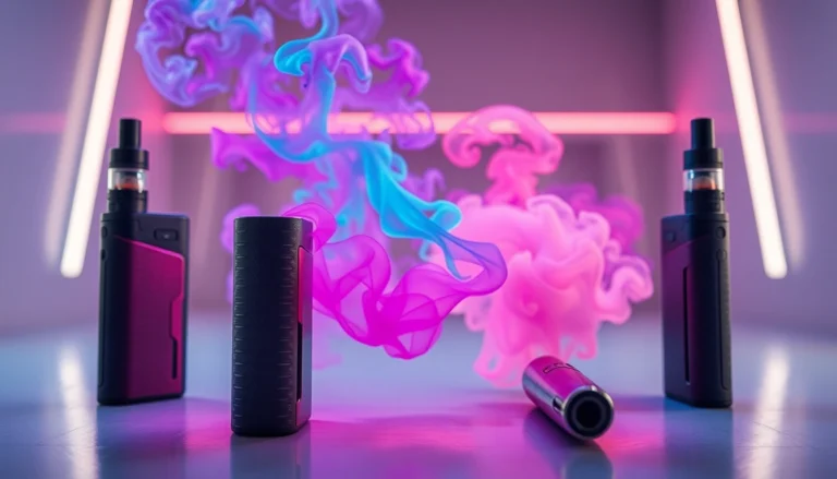 Professional shot of E-Zigarette devices releasing vapor clouds, showcasing sleek design and