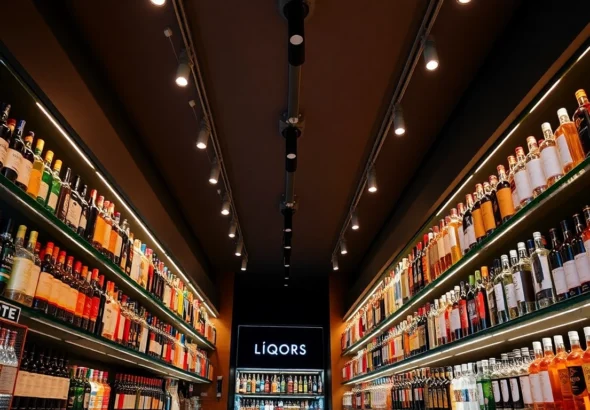 Premium Liqors Birmingham displayed on elegant shelves in a well-lit modern store, inviting and