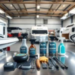 Blung cleaning tools and products used for boat and camper maintenance in a bright workshop