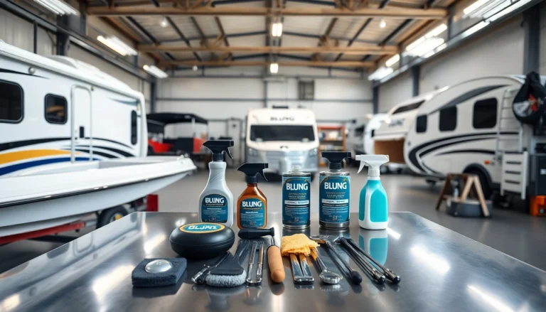 Blung cleaning tools and products used for boat and camper maintenance in a bright workshop