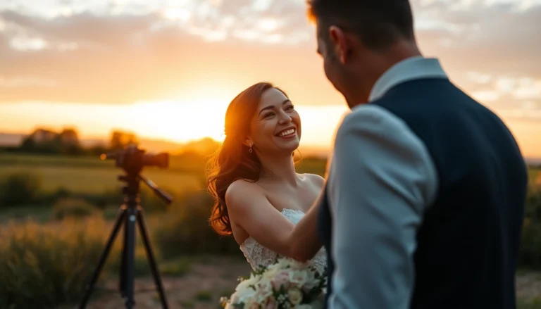 Skilled eskuvoi fotos capturing a romantic outdoor wedding during sunset with natural lighting