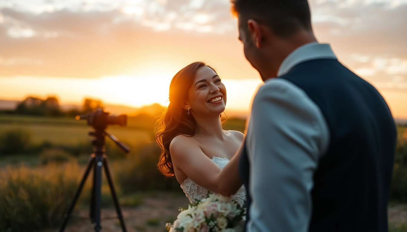 Skilled eskuvoi fotos capturing a romantic outdoor wedding during sunset with natural lighting