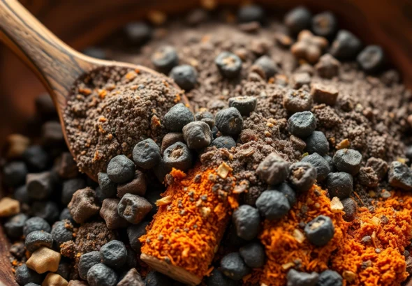 Black Pepper Powder shown in a rustic bowl with fresh spices, highlighting its rich texture and