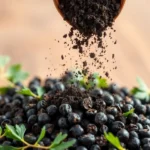 High-quality black pepper powder being sprinkled over herbs, showcasing rich texture and color