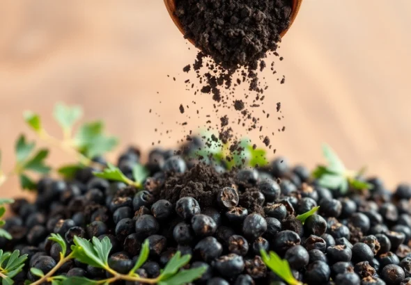 High-quality black pepper powder being sprinkled over herbs, showcasing rich texture and color