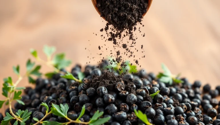 High-quality black pepper powder being sprinkled over herbs, showcasing rich texture and color